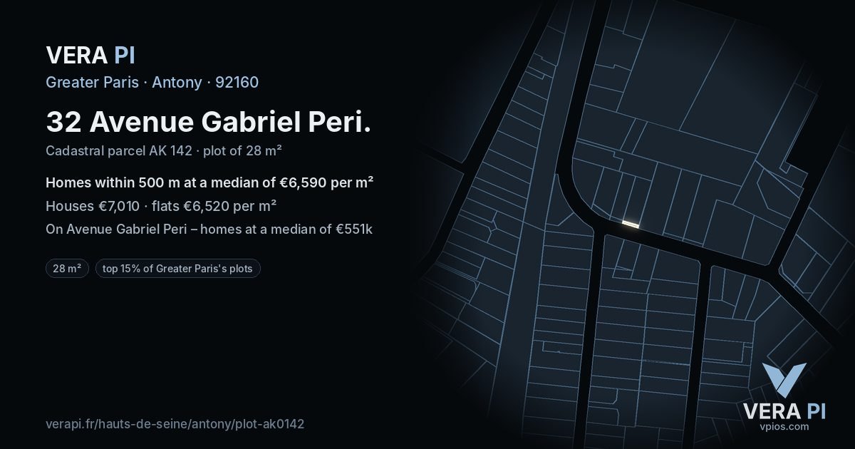 32 Avenue Gabriel Peri, Antony at night – the plot lit, the parcels around coloured by the prices near them