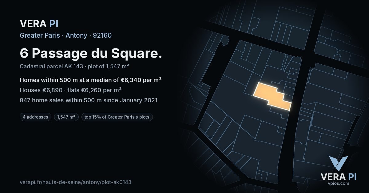 6 Passage du Square, Antony at night – the plot lit, the parcels around coloured by the prices near them