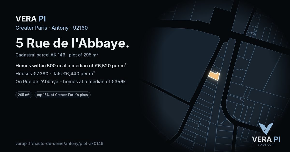 5 Rue de l'Abbaye, Antony at night – the plot lit, the parcels around coloured by the prices near them