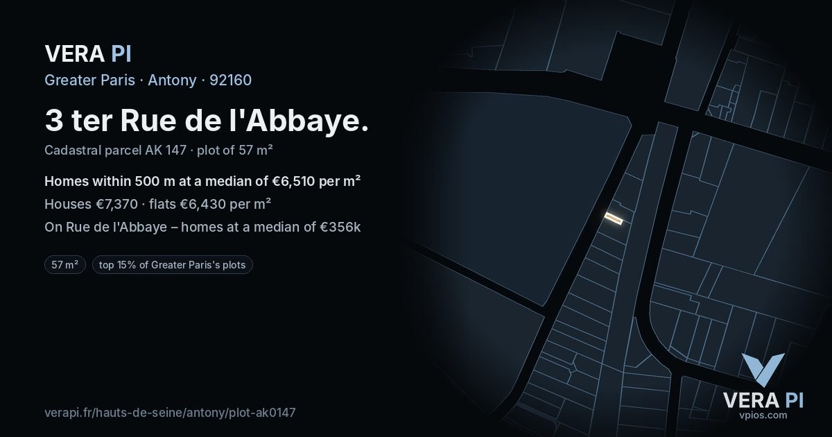 3 ter Rue de l'Abbaye, Antony at night – the plot lit, the parcels around coloured by the prices near them