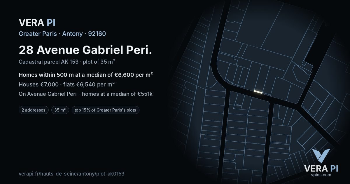 28 Avenue Gabriel Peri, Antony at night – the plot lit, the parcels around coloured by the prices near them