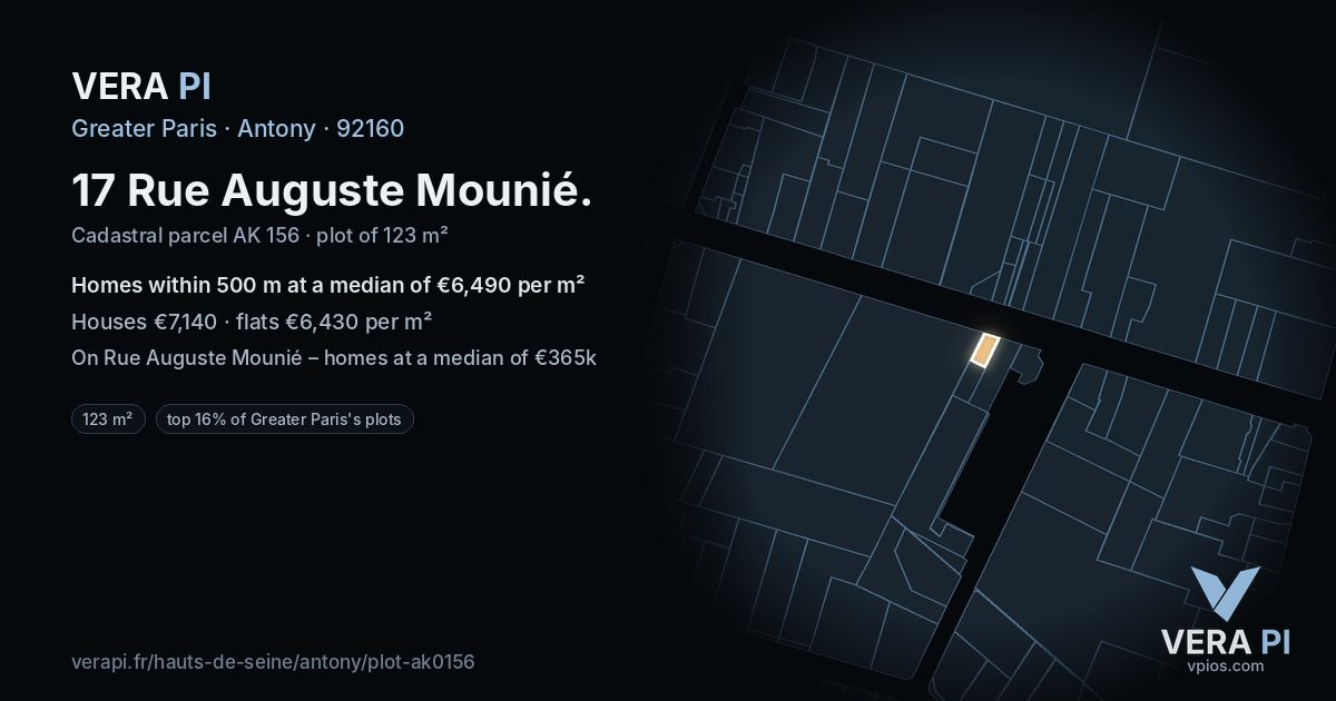 17 Rue Auguste Mounié, Antony at night – the plot lit, the parcels around coloured by the prices near them