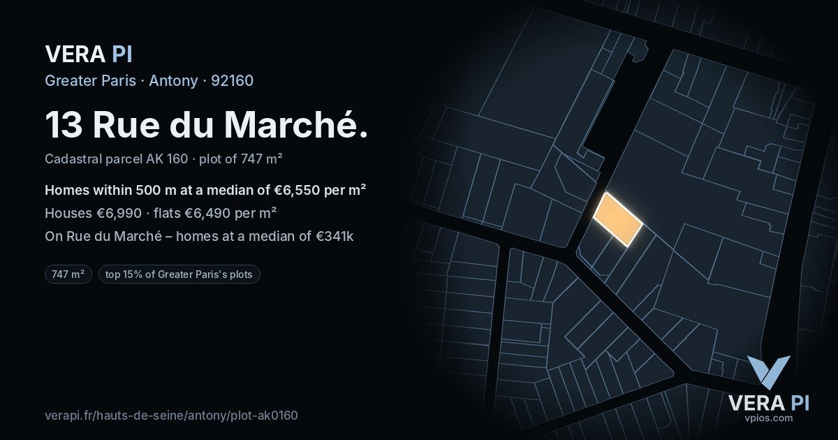 13 Rue du Marché, Antony at night – the plot lit, the parcels around coloured by the prices near them