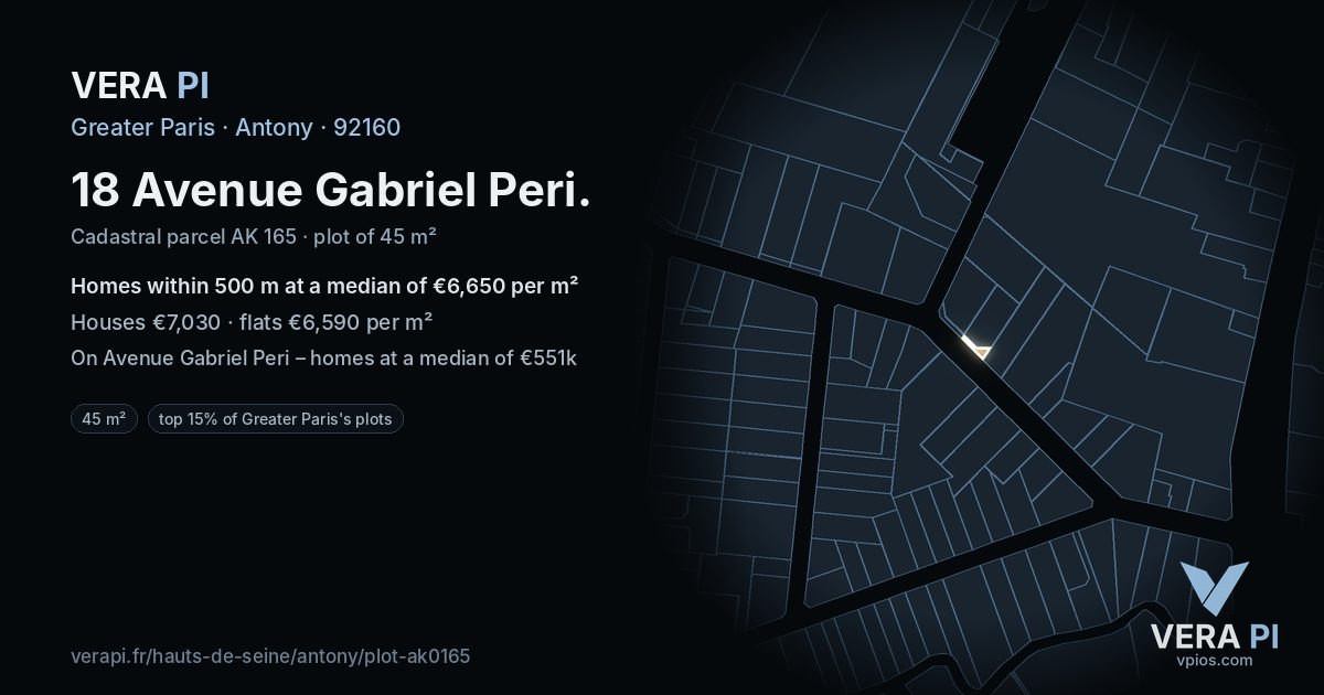18 Avenue Gabriel Peri, Antony at night – the plot lit, the parcels around coloured by the prices near them
