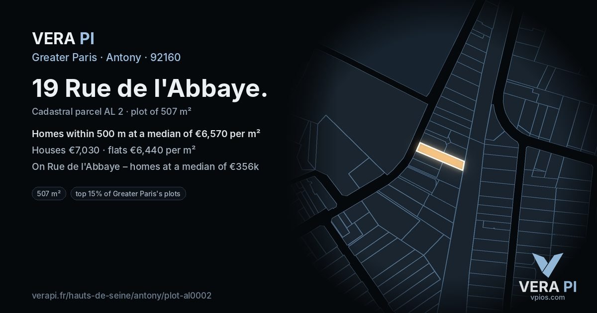 19 Rue de l'Abbaye, Antony at night – the plot lit, the parcels around coloured by the prices near them