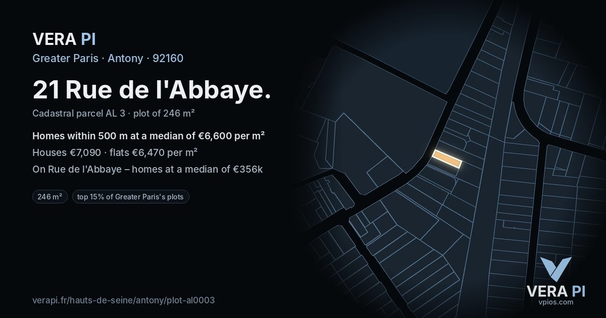 21 Rue de l'Abbaye, Antony at night – the plot lit, the parcels around coloured by the prices near them