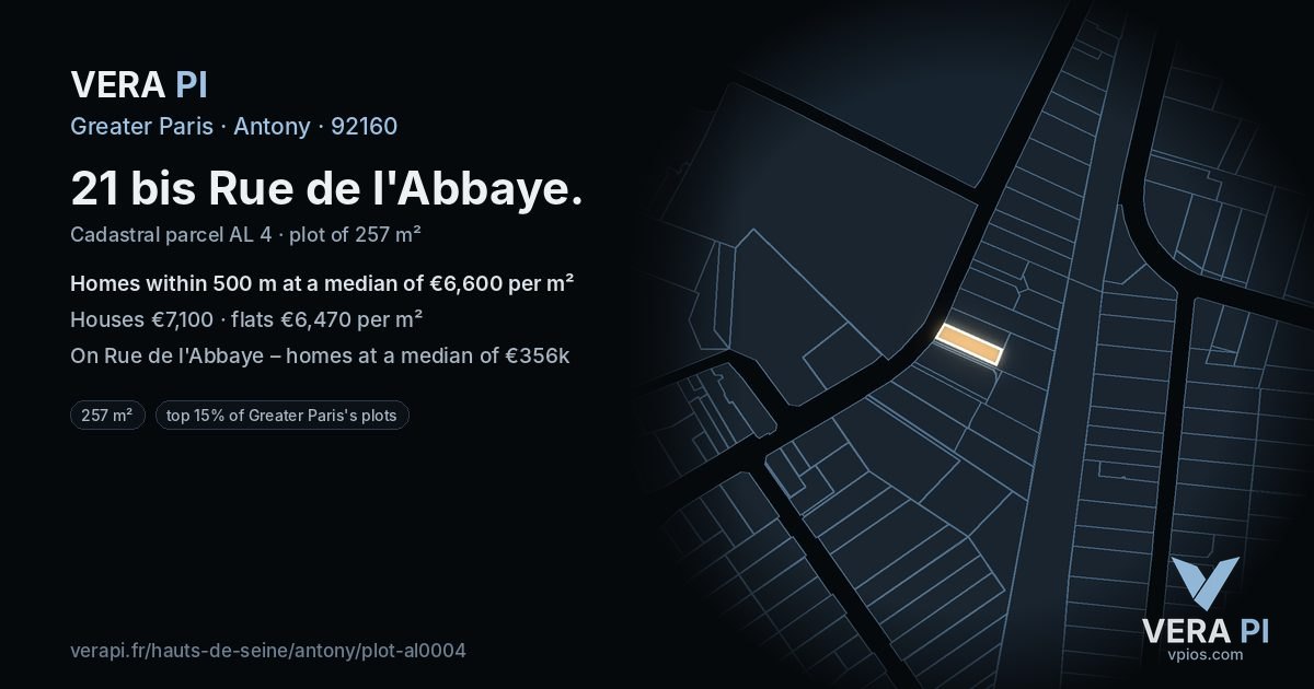 21 bis Rue de l'Abbaye, Antony at night – the plot lit, the parcels around coloured by the prices near them
