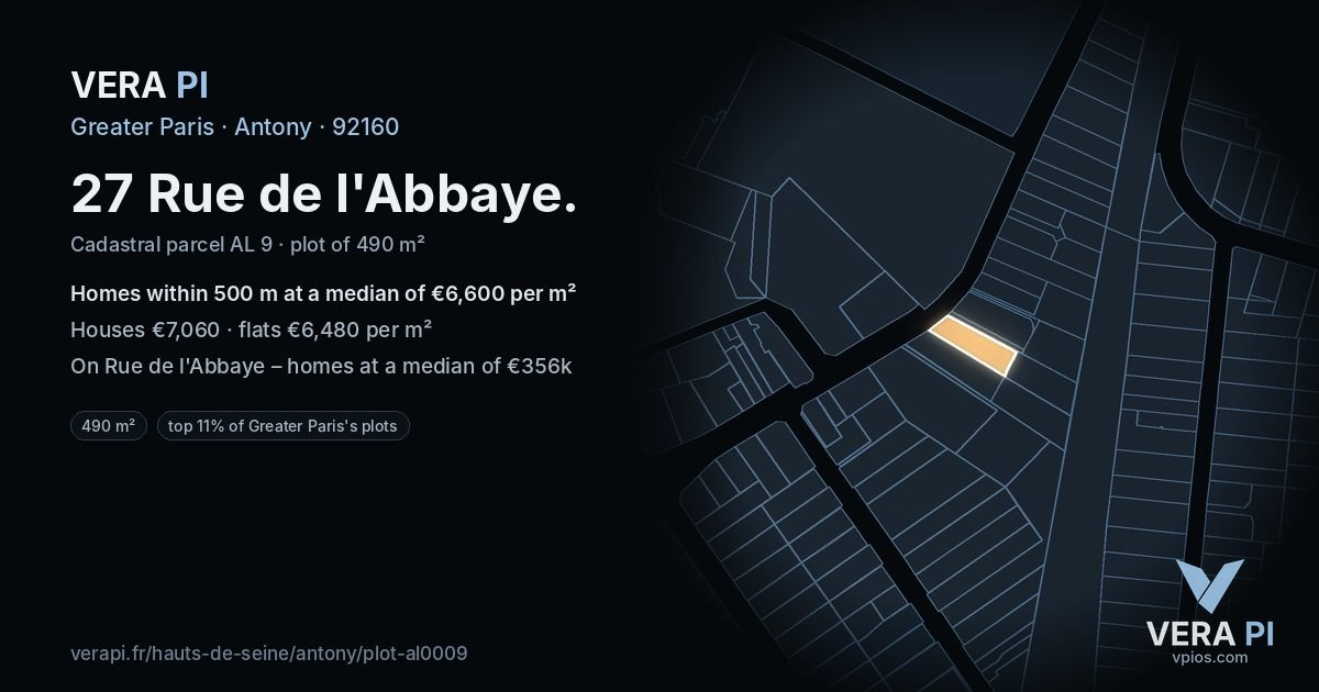 27 Rue de l'Abbaye, Antony at night – the plot lit, the parcels around coloured by the prices near them