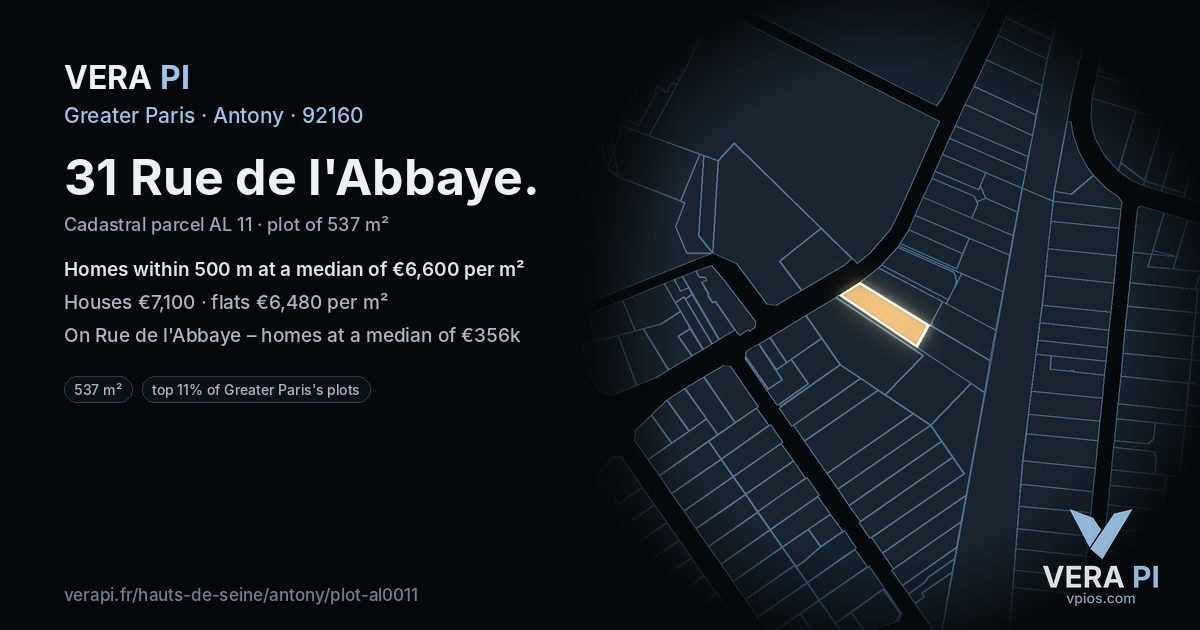 31 Rue de l'Abbaye, Antony at night – the plot lit, the parcels around coloured by the prices near them