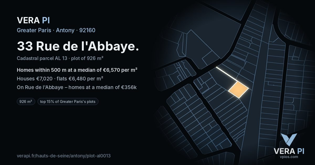 33 Rue de l'Abbaye, Antony at night – the plot lit, the parcels around coloured by the prices near them