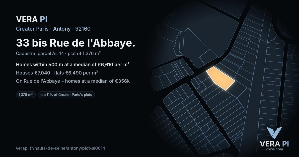 33 bis Rue de l'Abbaye, Antony at night – the plot lit, the parcels around coloured by the prices near them