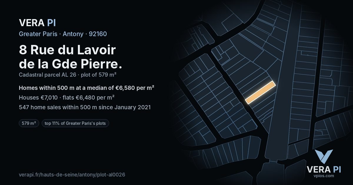 8 Rue du Lavoir de la Gde Pierre, Antony at night – the plot lit, the parcels around coloured by the prices near them