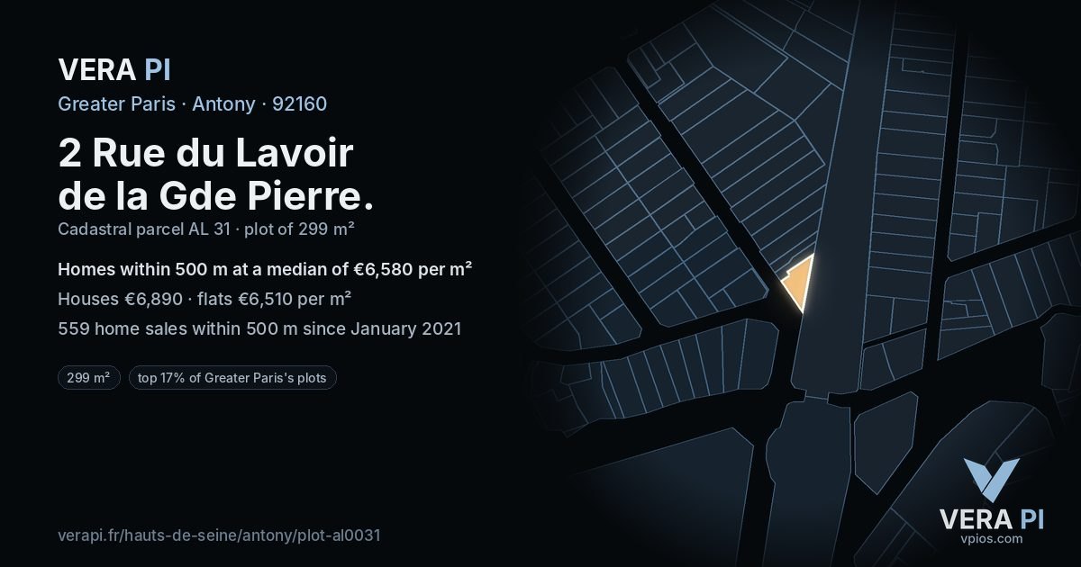 2 Rue du Lavoir de la Gde Pierre, Antony at night – the plot lit, the parcels around coloured by the prices near them