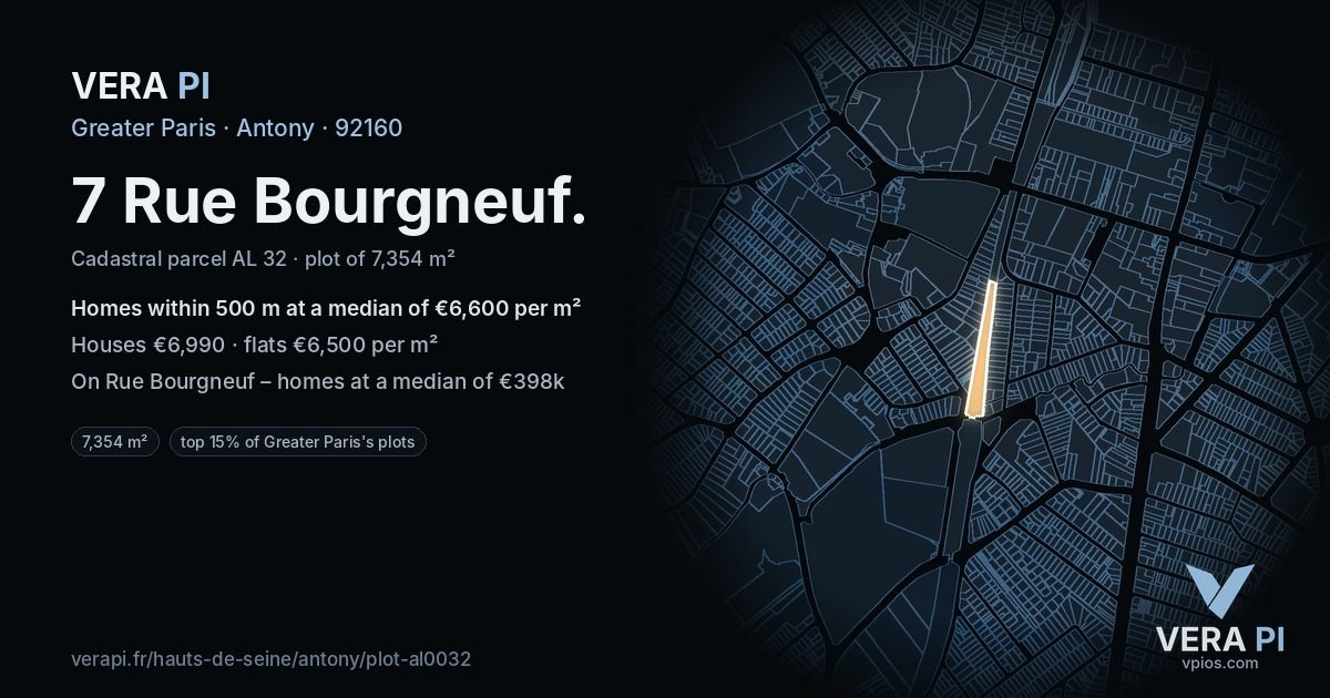 7 Rue Bourgneuf, Antony at night – the plot lit, the parcels around coloured by the prices near them