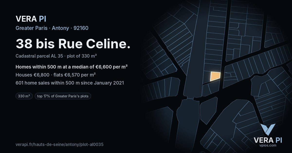 38 bis Rue Celine, Antony at night – the plot lit, the parcels around coloured by the prices near them