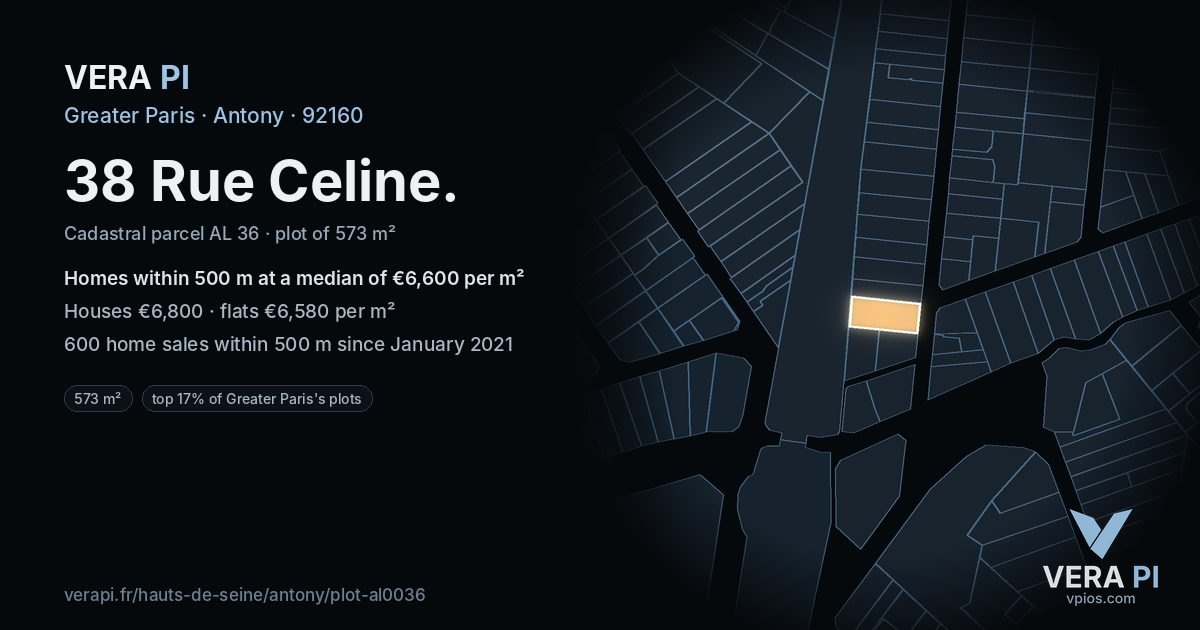 38 Rue Celine, Antony at night – the plot lit, the parcels around coloured by the prices near them