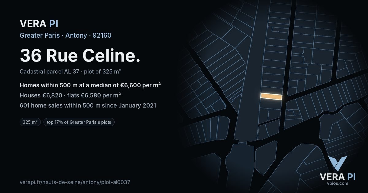 36 Rue Celine, Antony at night – the plot lit, the parcels around coloured by the prices near them