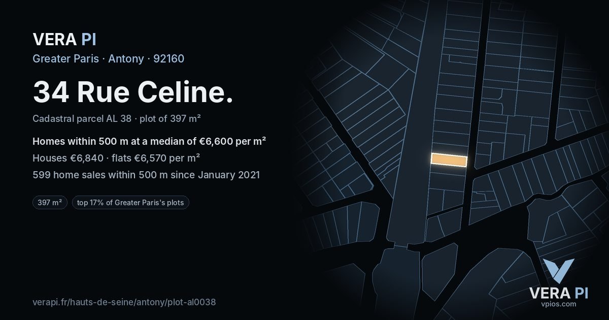 34 Rue Celine, Antony at night – the plot lit, the parcels around coloured by the prices near them