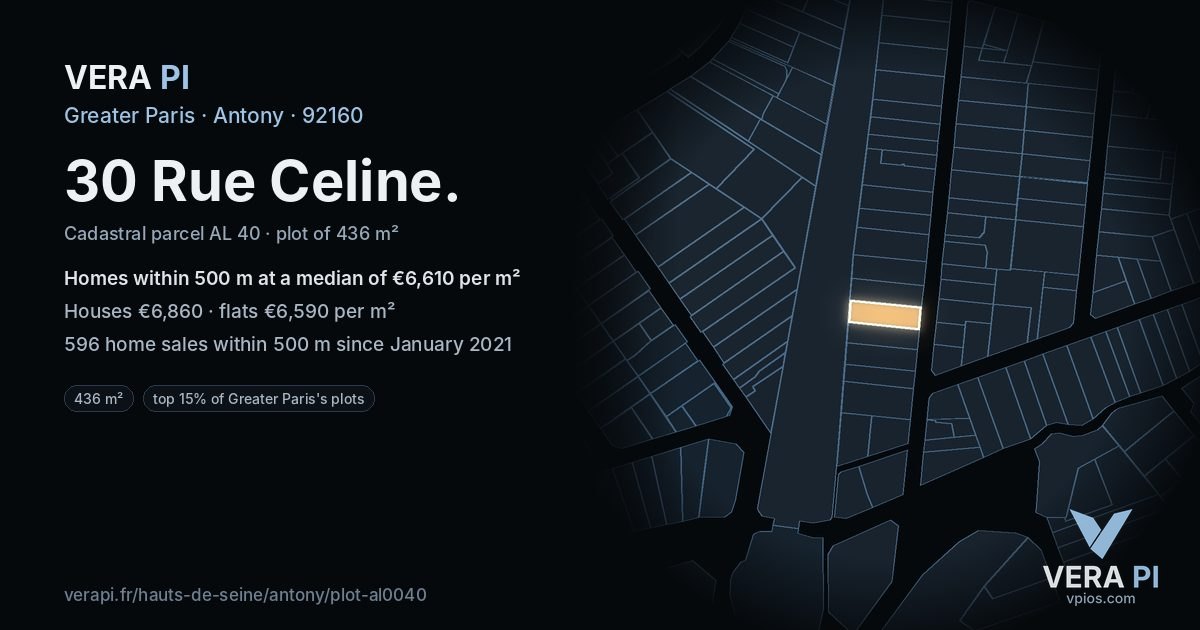 30 Rue Celine, Antony at night – the plot lit, the parcels around coloured by the prices near them
