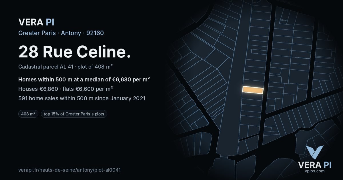 28 Rue Celine, Antony at night – the plot lit, the parcels around coloured by the prices near them