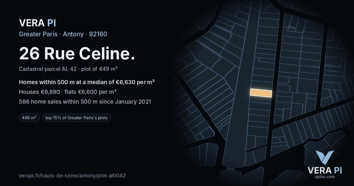 26 Rue Celine, Antony at night – the plot lit, the parcels around coloured by the prices near them