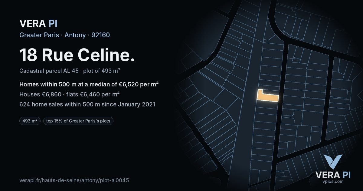 18 Rue Celine, Antony at night – the plot lit, the parcels around coloured by the prices near them