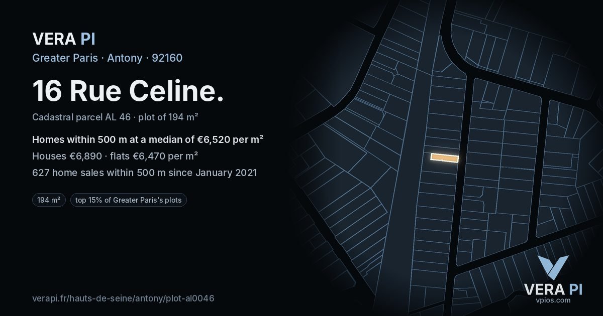 16 Rue Celine, Antony at night – the plot lit, the parcels around coloured by the prices near them