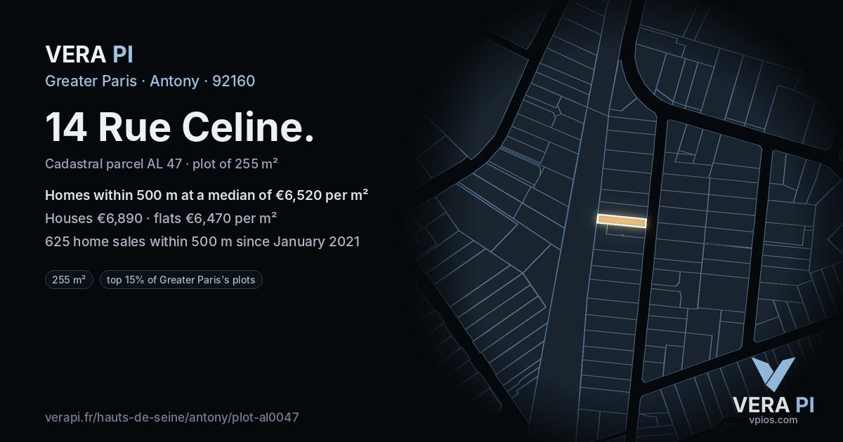 14 Rue Celine, Antony at night – the plot lit, the parcels around coloured by the prices near them