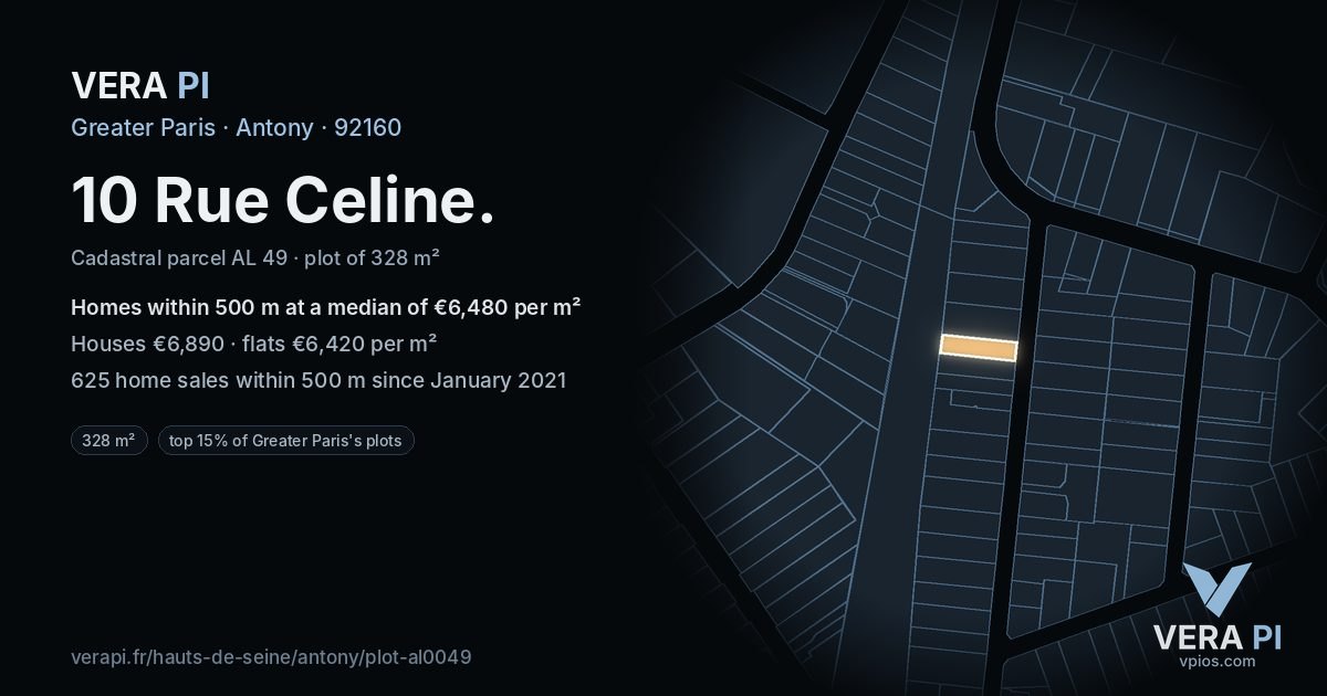 10 Rue Celine, Antony at night – the plot lit, the parcels around coloured by the prices near them