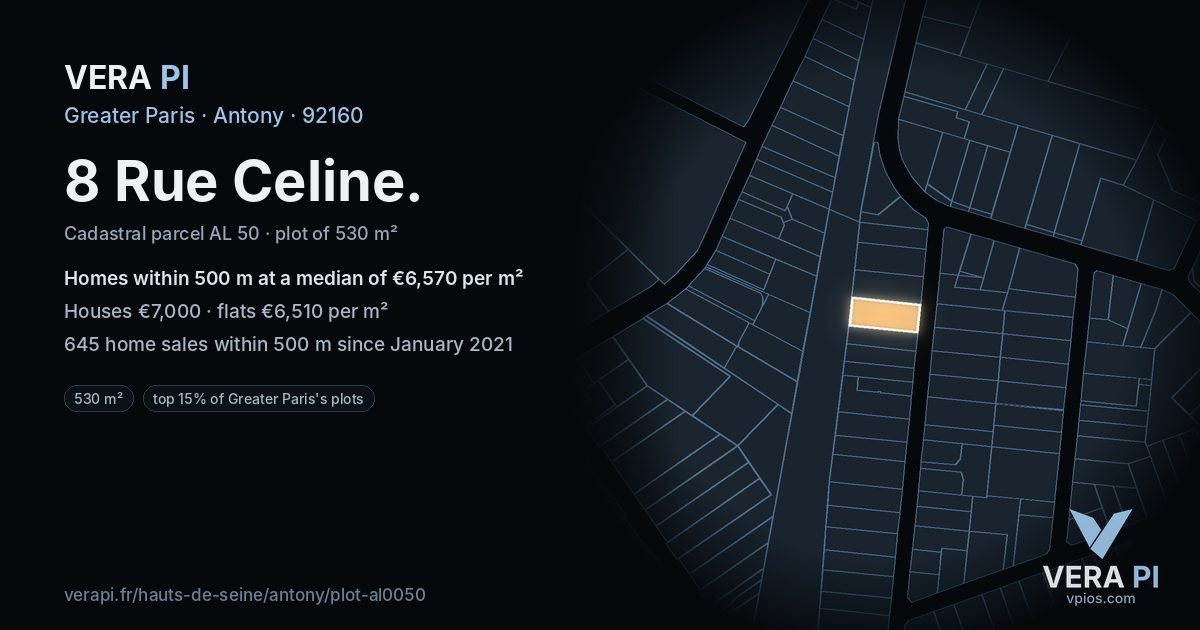 8 Rue Celine, Antony at night – the plot lit, the parcels around coloured by the prices near them