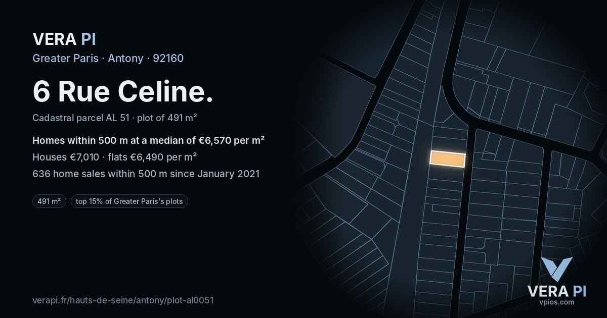 6 Rue Celine, Antony at night – the plot lit, the parcels around coloured by the prices near them