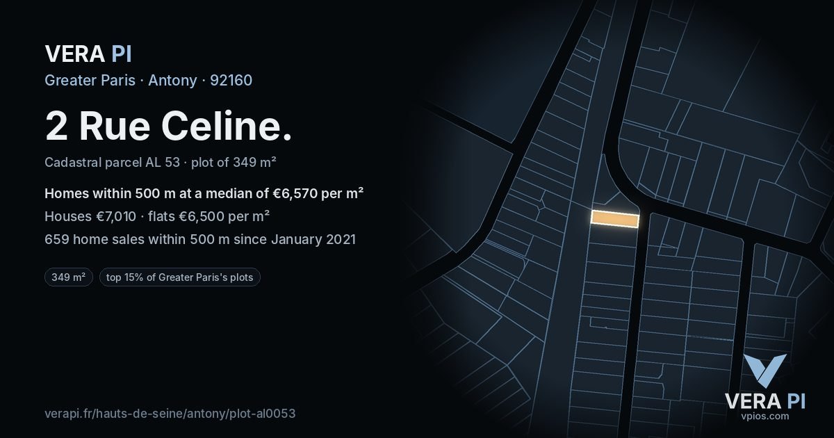 2 Rue Celine, Antony at night – the plot lit, the parcels around coloured by the prices near them