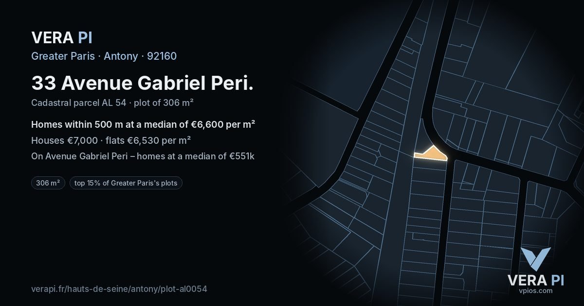 33 Avenue Gabriel Peri, Antony at night – the plot lit, the parcels around coloured by the prices near them