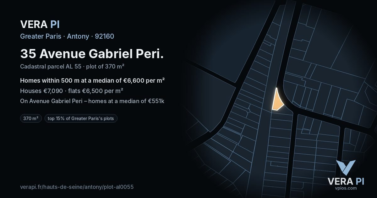 35 Avenue Gabriel Peri, Antony at night – the plot lit, the parcels around coloured by the prices near them
