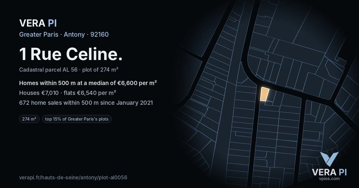 1 Rue Celine, Antony at night – the plot lit, the parcels around coloured by the prices near them