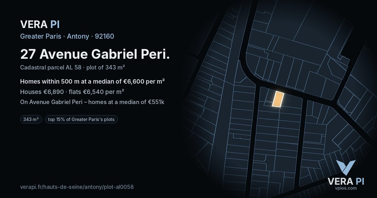 27 Avenue Gabriel Peri, Antony at night – the plot lit, the parcels around coloured by the prices near them