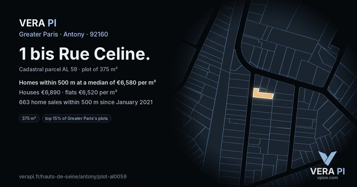 1 bis Rue Celine, Antony at night – the plot lit, the parcels around coloured by the prices near them