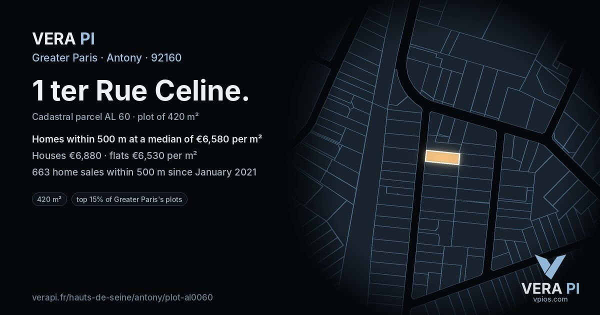 1 ter Rue Celine, Antony at night – the plot lit, the parcels around coloured by the prices near them