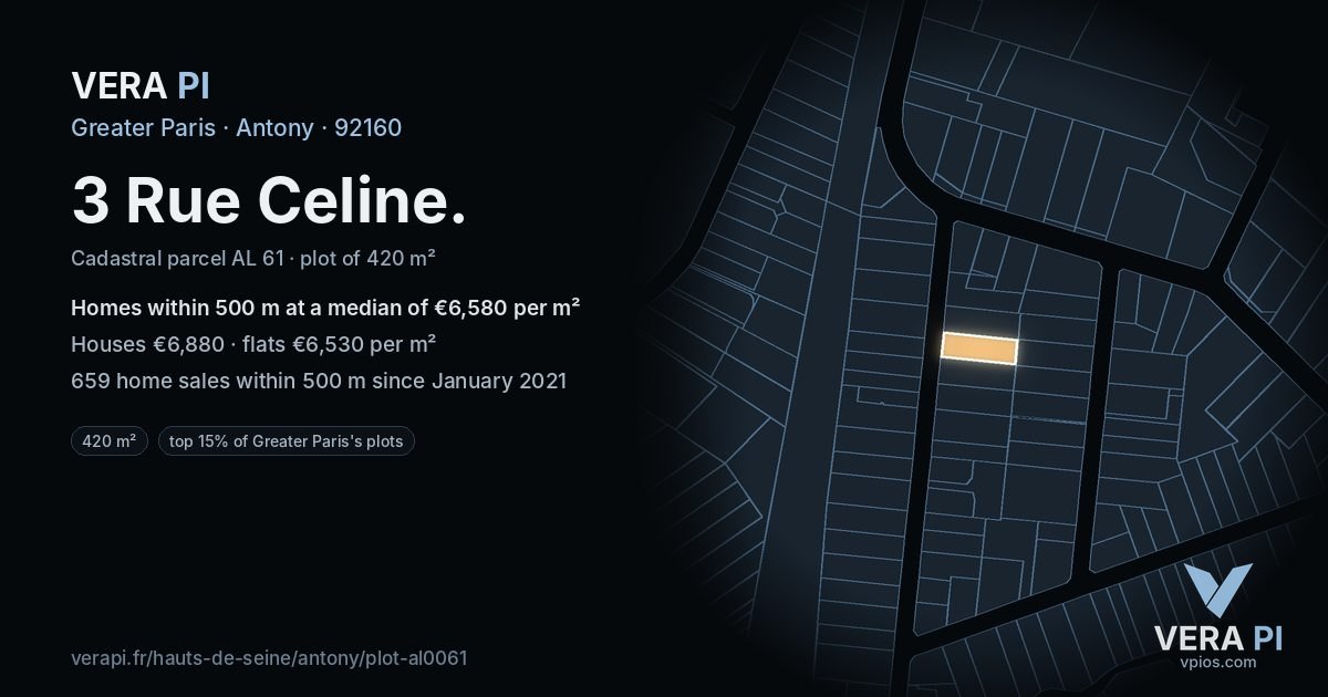 3 Rue Celine, Antony at night – the plot lit, the parcels around coloured by the prices near them