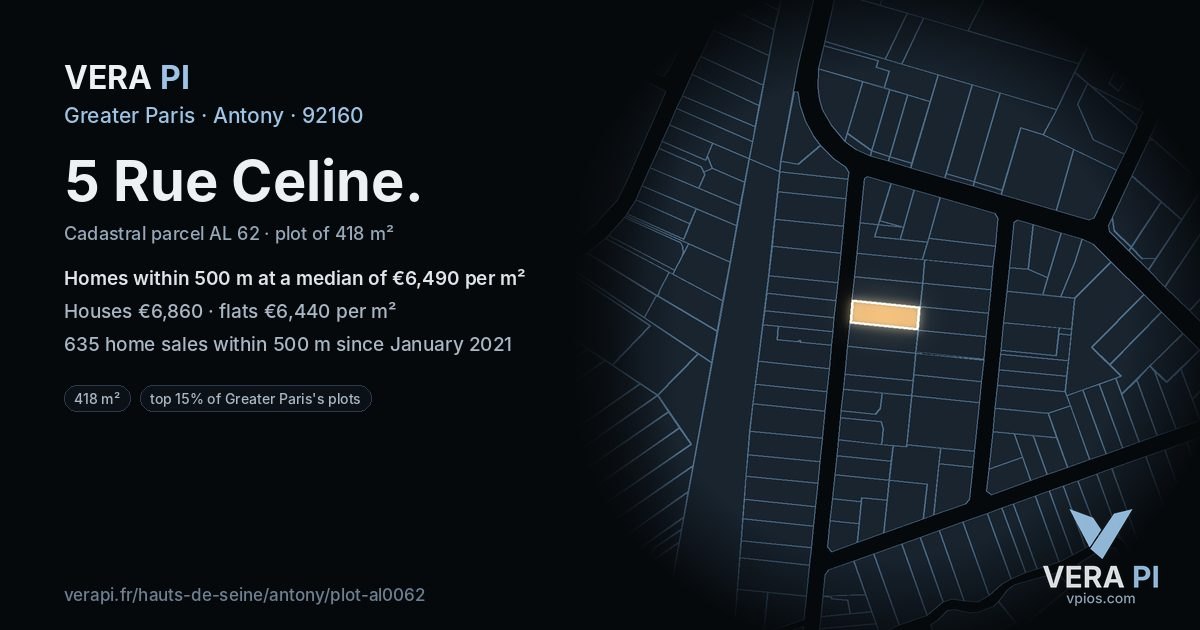 5 Rue Celine, Antony at night – the plot lit, the parcels around coloured by the prices near them