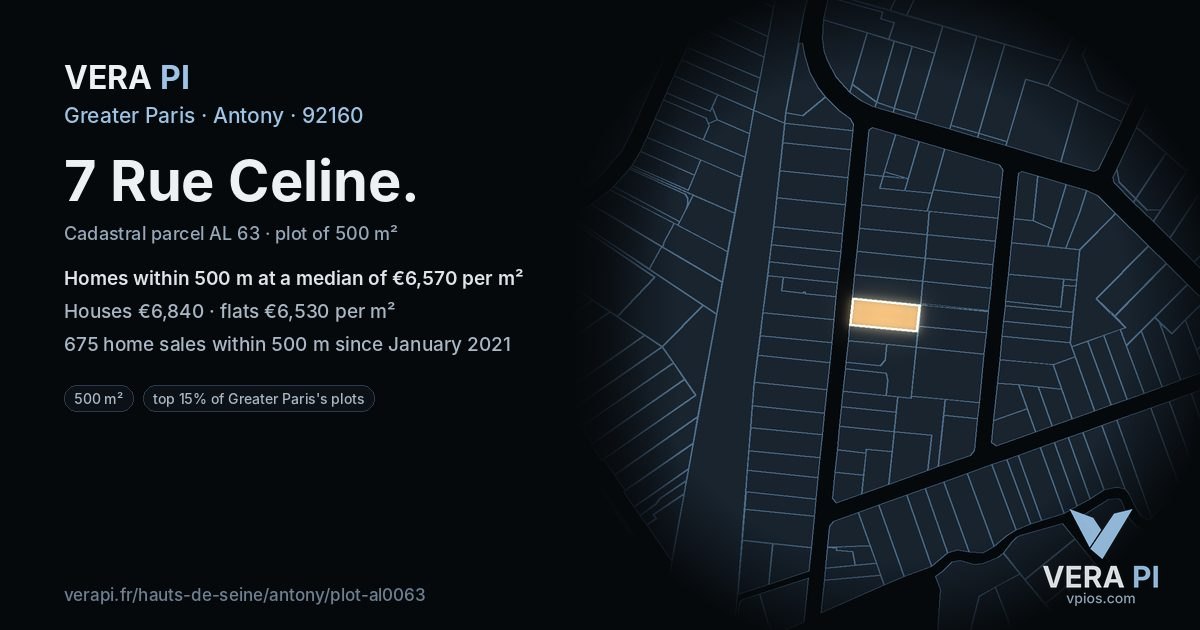 7 Rue Celine, Antony at night – the plot lit, the parcels around coloured by the prices near them