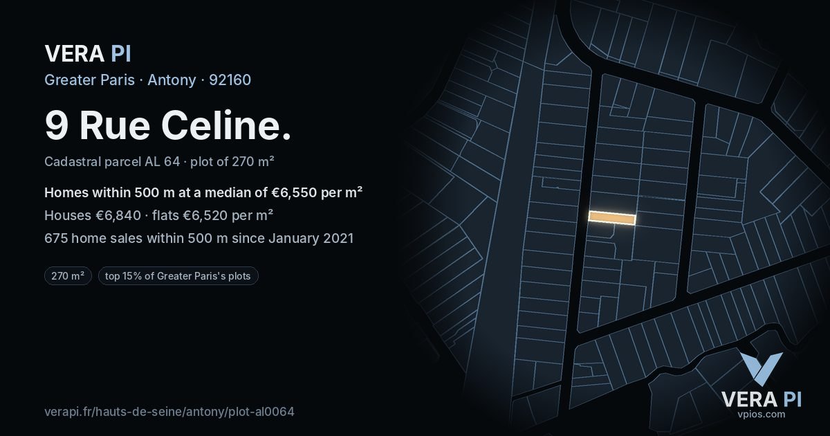 9 Rue Celine, Antony at night – the plot lit, the parcels around coloured by the prices near them