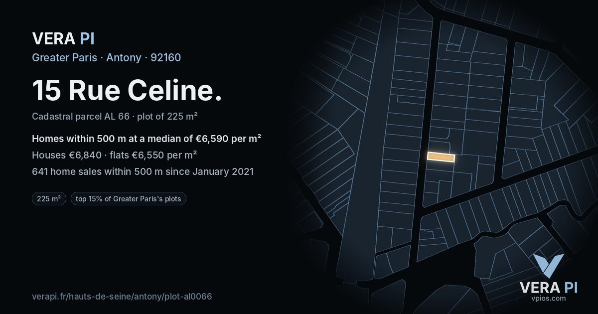 15 Rue Celine, Antony at night – the plot lit, the parcels around coloured by the prices near them
