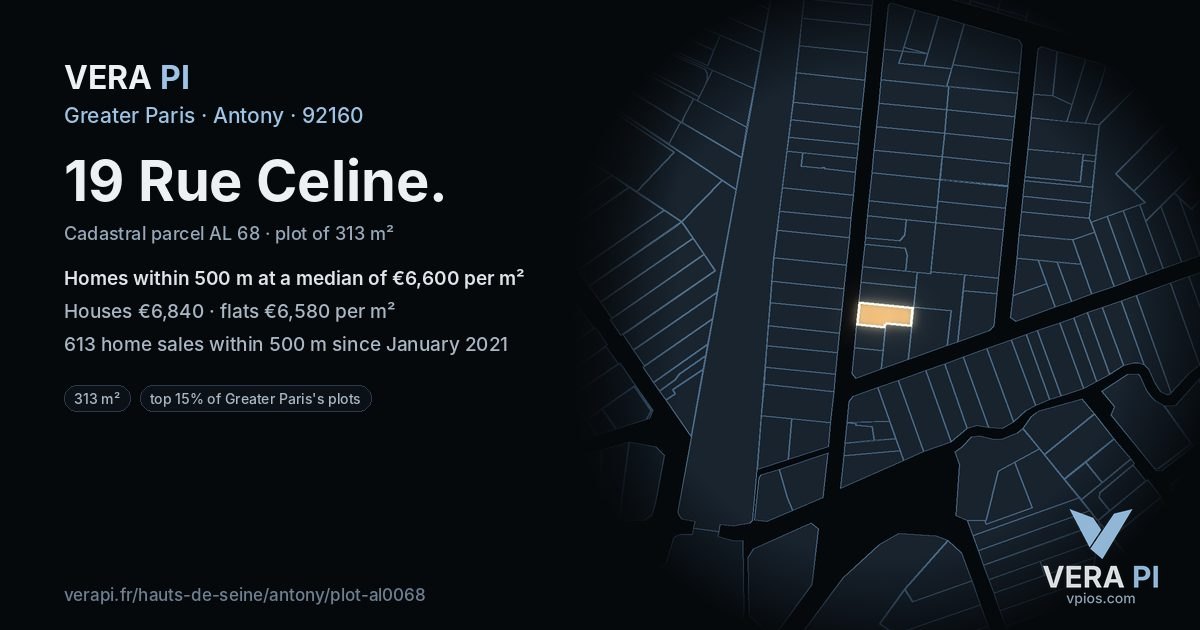 19 Rue Celine, Antony at night – the plot lit, the parcels around coloured by the prices near them