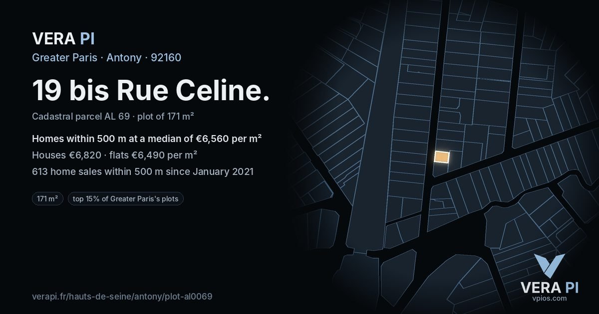 19 bis Rue Celine, Antony at night – the plot lit, the parcels around coloured by the prices near them