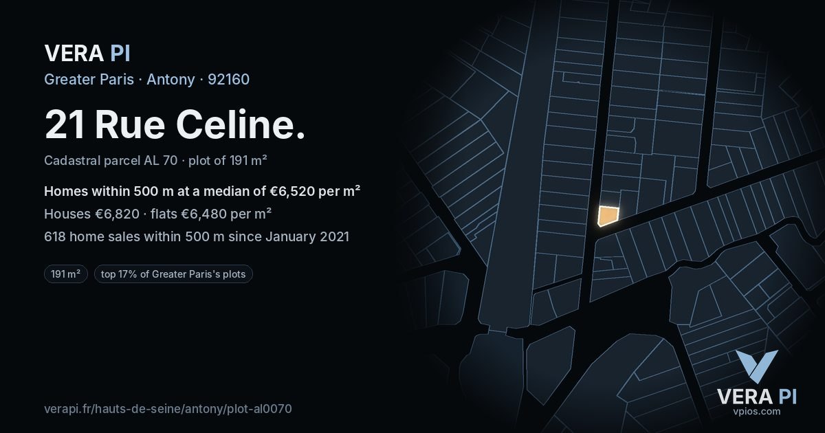 21 Rue Celine, Antony at night – the plot lit, the parcels around coloured by the prices near them