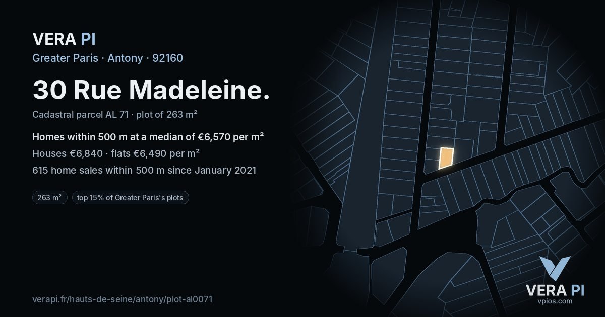 30 Rue Madeleine, Antony at night – the plot lit, the parcels around coloured by the prices near them
