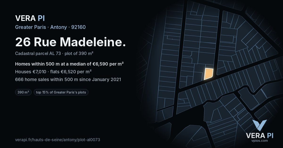 26 Rue Madeleine, Antony at night – the plot lit, the parcels around coloured by the prices near them