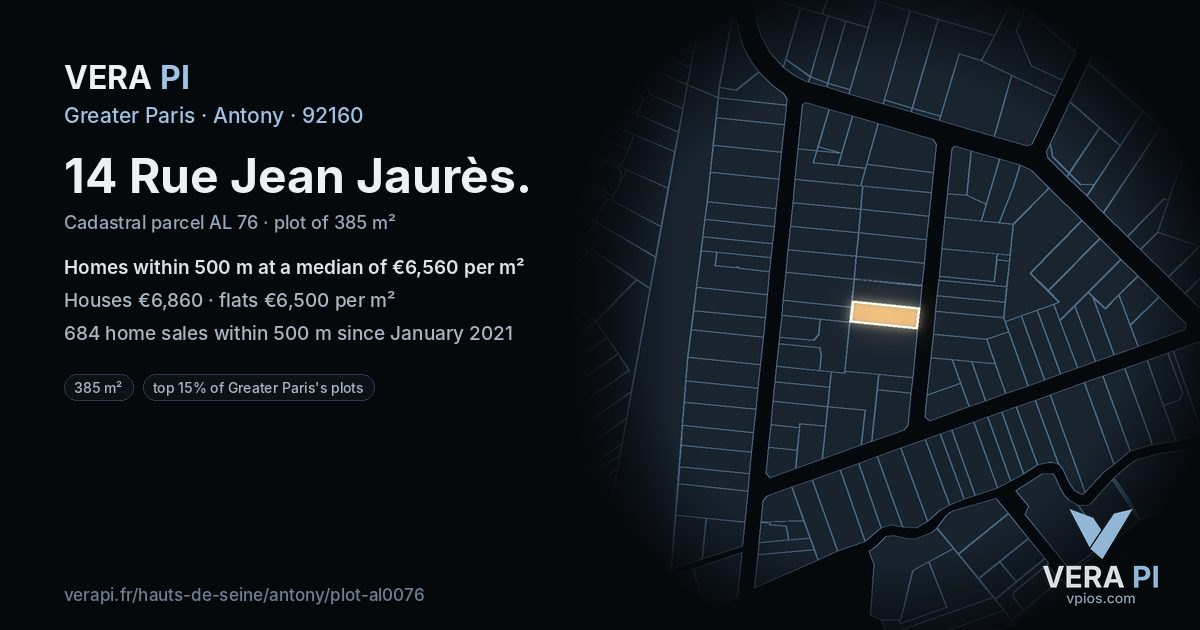 14 Rue Jean Jaurès, Antony at night – the plot lit, the parcels around coloured by the prices near them