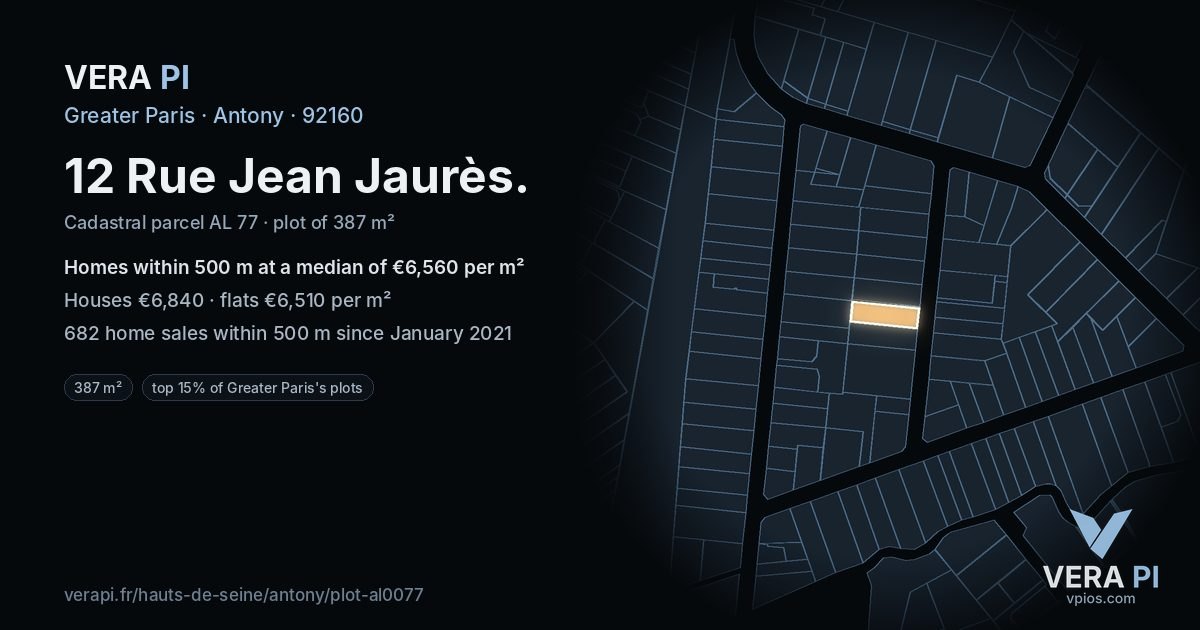 12 Rue Jean Jaurès, Antony at night – the plot lit, the parcels around coloured by the prices near them